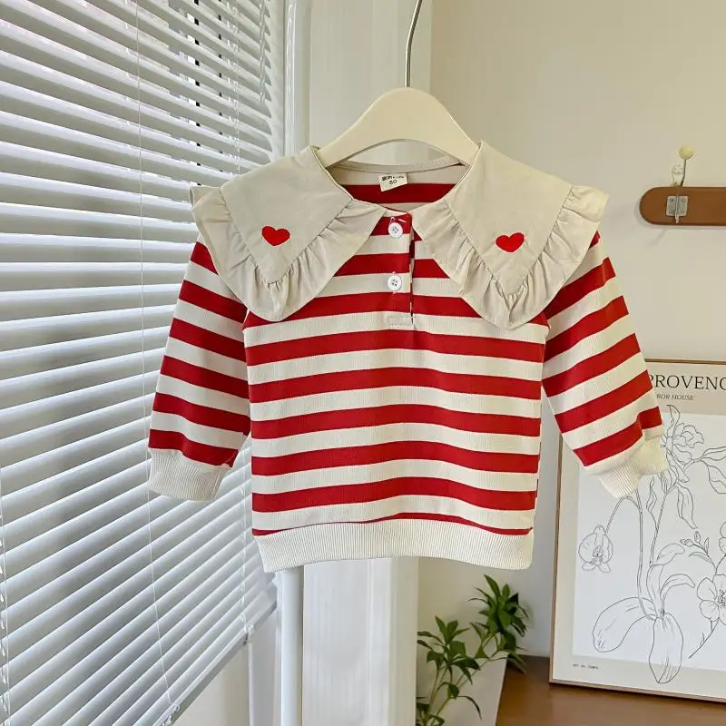 Модная полосатая Толстовка для девочек милый пуловер в Корейском стиле с круглым