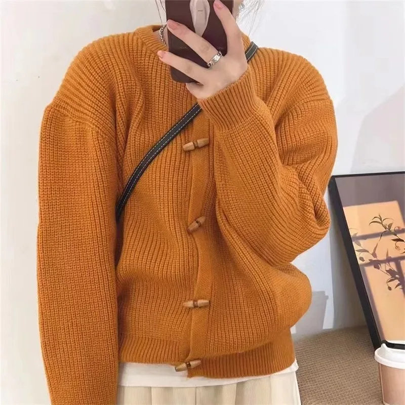

Horn Button Women Sweater Cardigan New Autumn Winter Korean Retro Thick College Style Slim Loose Jacket Coat