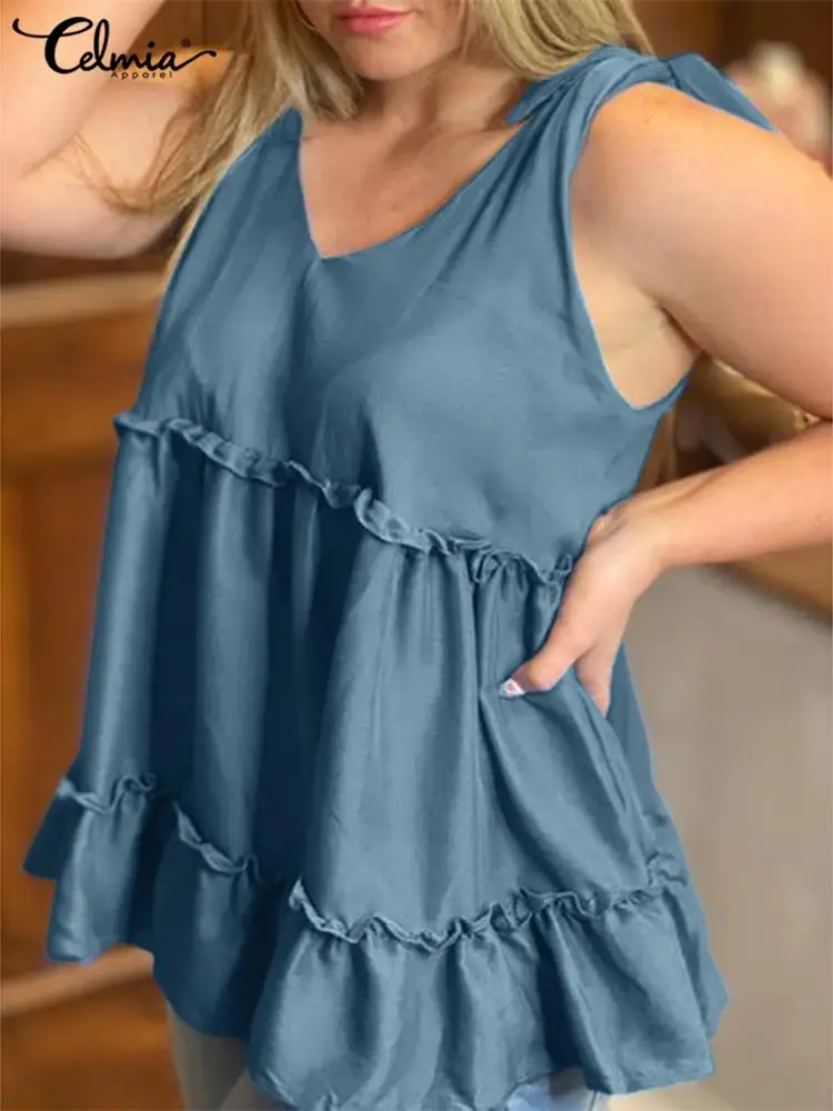 

Celmia Summer Women Sleeveless Vest 2022 Sexy V Neck Patchwork Tank Tops Casual Solid Ruffle Blouse Fashion Shoulder Belted Tops