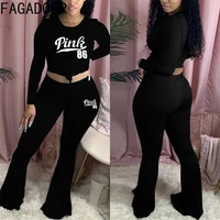 fagadoer casual bodycon pink letter print tracksuits women long sleeve slim top flare pants two piece sets female sport outfit