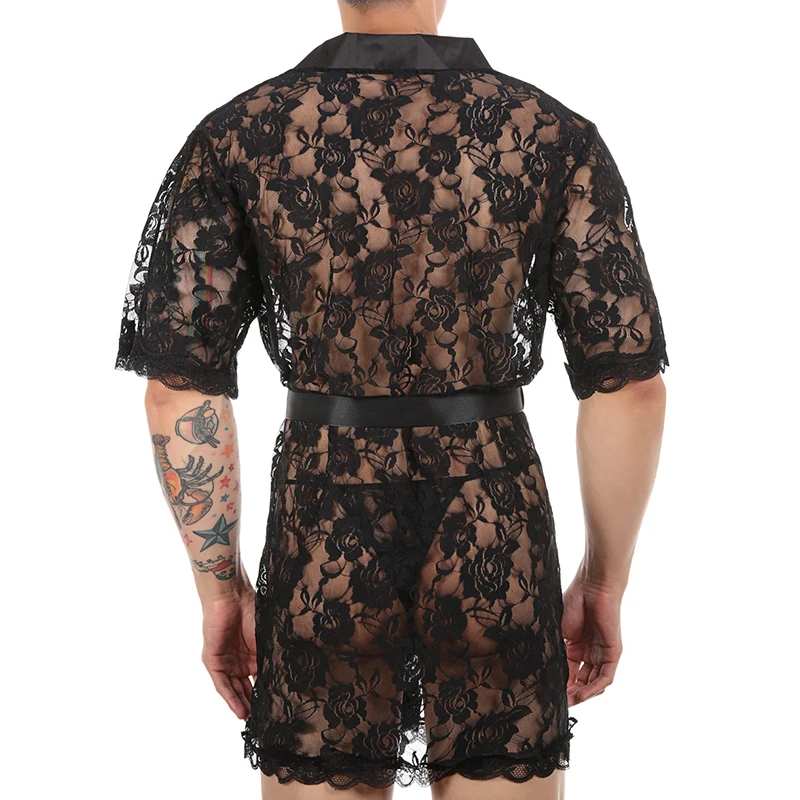 Мужской сексуальный короткий просвечивающий порно кружевной халат прозрачный