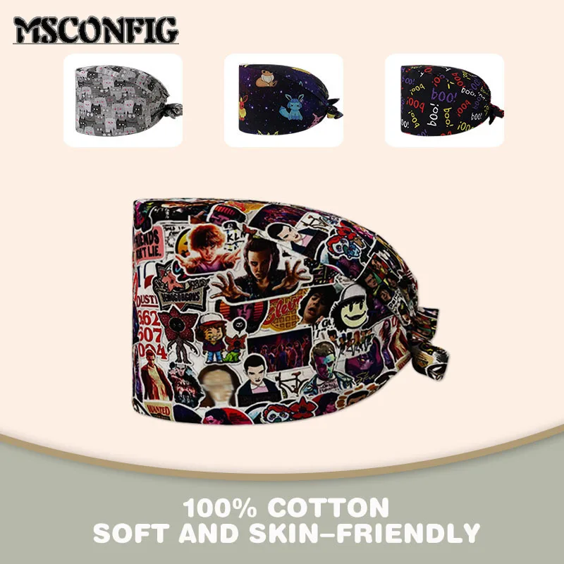 

Popular Cartoon Printing Nurse Accessories Medical Surgical Caps Beauty Salon Pet Shop Adjustable Ladies Nursing Scrub Caps