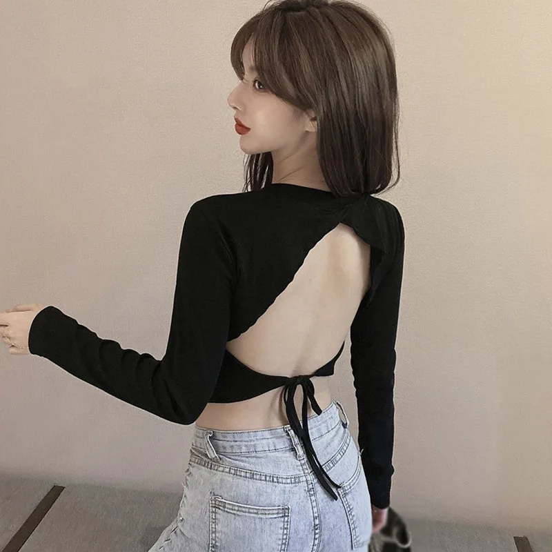 

Sexy Back Bow Backless Shirt For Women Solid O-Neck Casual Long Sleeve T-Shirt Tops