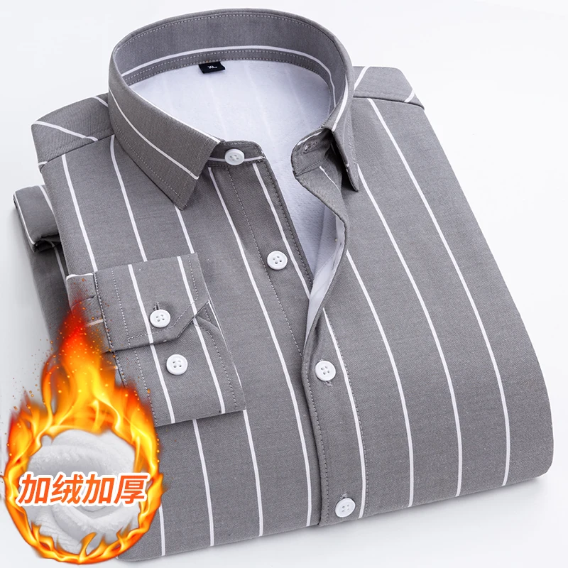 2022 Autumn Winter Fleece Shirt Plus Velvet Warm Shirts Men Casual Flannel Slim Fit Street Cotton Thick Stripe Dress Shirt S-5XL