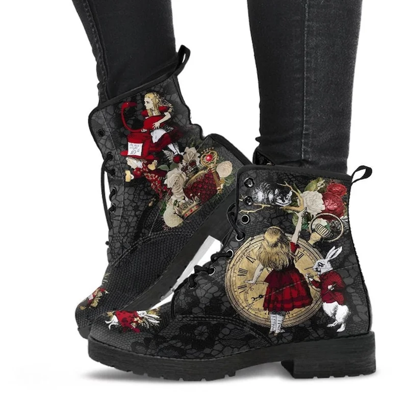 Dr. Marten Boots Women's Autumn and Winter 2022 Fashion Women's Tooling Boots Skull and Flower Print High-top Boots Ladies