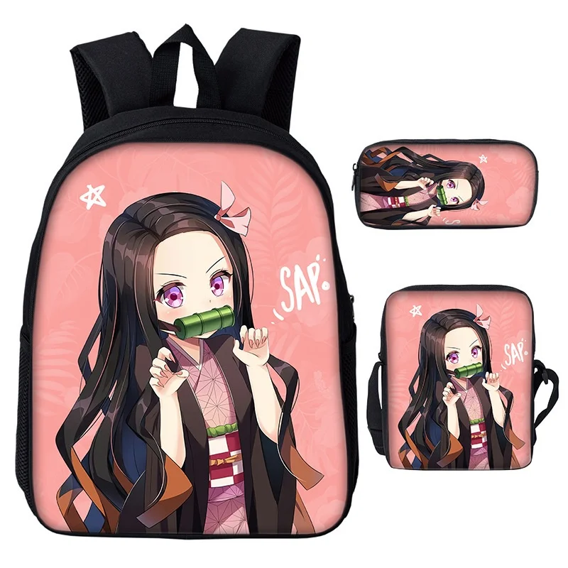 New Children Girls Boys Anime Backpacks 3 Piece Demon Slayer Nezuko Tanjirou Shoulder Bags 2022 Cute Kids Students Pen Bag Hot