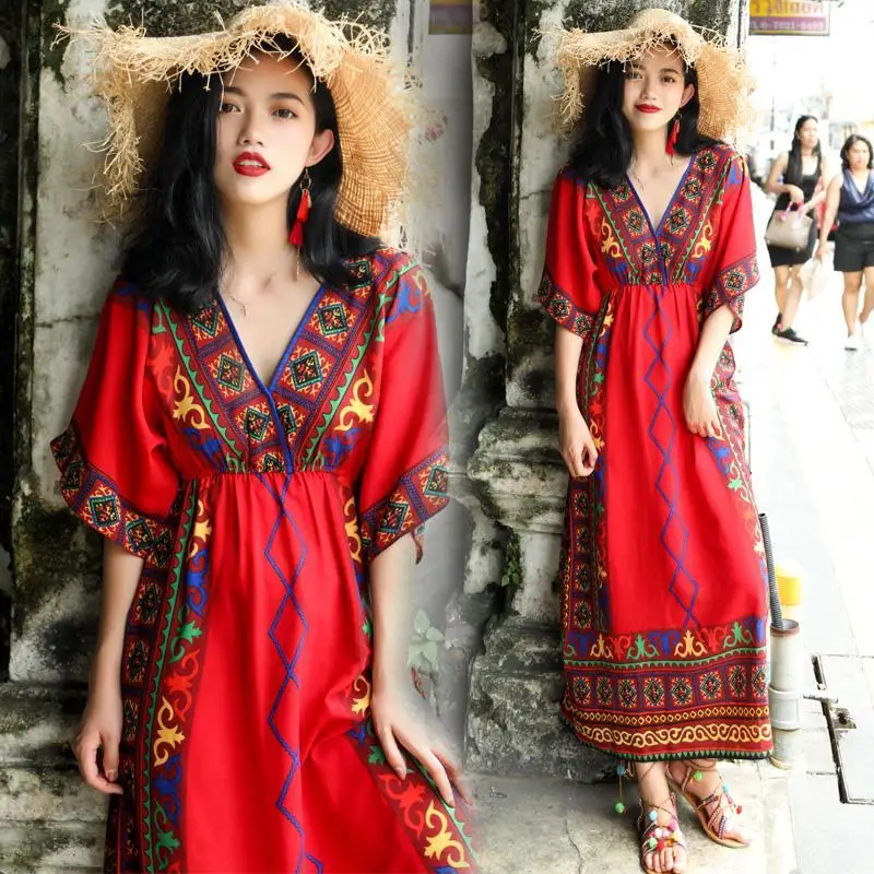 

Ethnic Style Beach Skirt Women Sanya Beach Resort Bohemian Long Dress Slim Dress 2023 Casual V neck Dress Pullover Female Tops