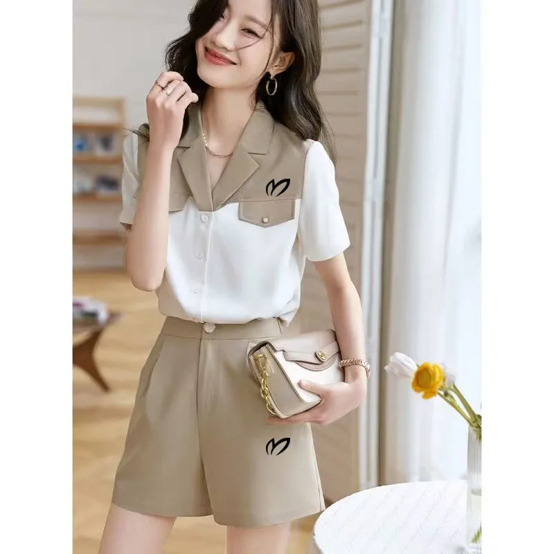2023 New Summer Golf Fashion Splice V-Neck Short Sleeve Top Women's Simple Button Two Piece Set Women's Casual wear