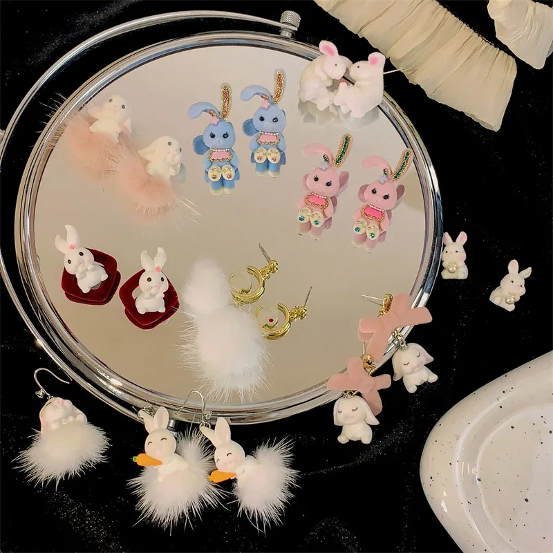 

S925 Silver Needle Set Rhinestone Flocking Cute Rabbit Earrings Small Fresh Sweet Earrings Fashion Design Earrings 2023