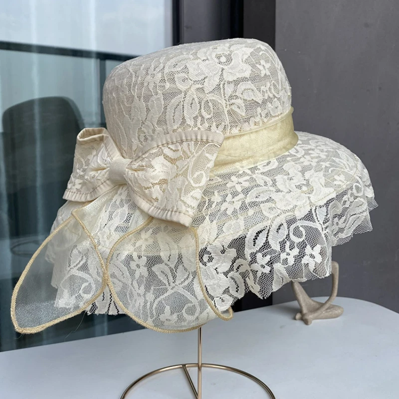

Fashion elegant lace bow basin hat ladies summer breathable face cover sun hat travel vacation sunscreen beach hat