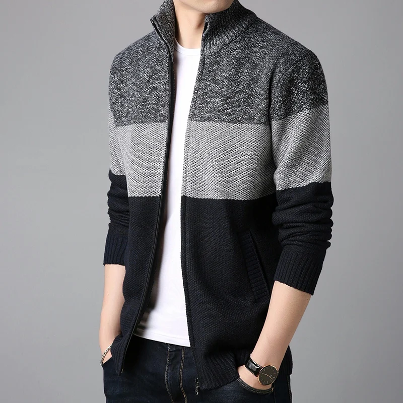 Men's Autumn and Winter Stitching Sweater Knitted Casual Cardigan Coat Long-sleeved Stand-up Collar Slim Fit New Comfortable
