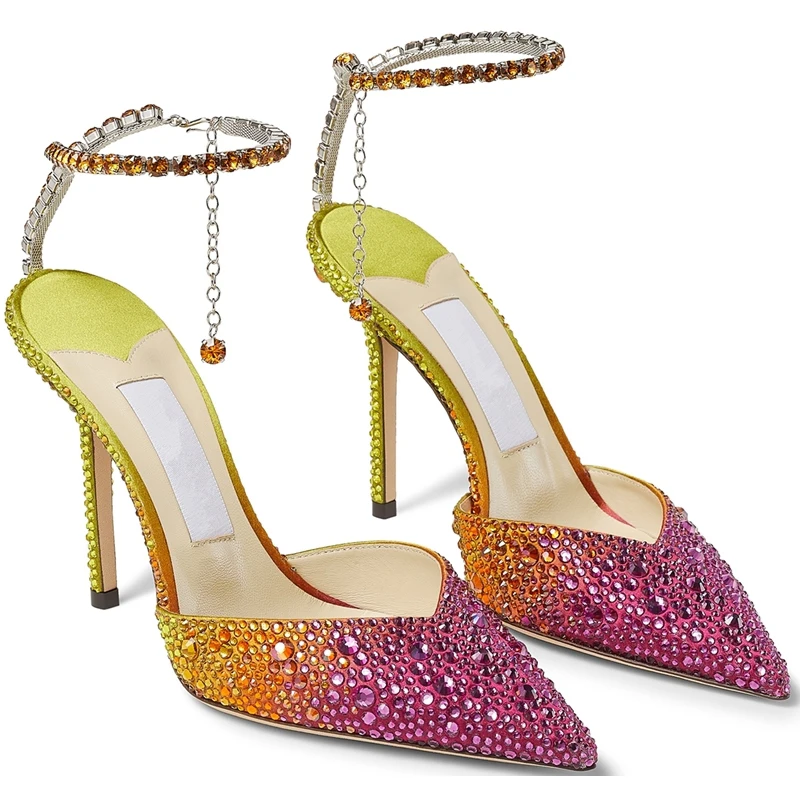 New Bridals Rhinestone Party Sandal for Woman Pointy Toe Crystal Ankle Chain Thin High Heel Shoes Sandalias De Mujer 34-CHC-26