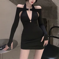 summer women sexy bodycon mini dress solid color hanging neck tie up deep v neck backless dress long sleeve cover up nightclub