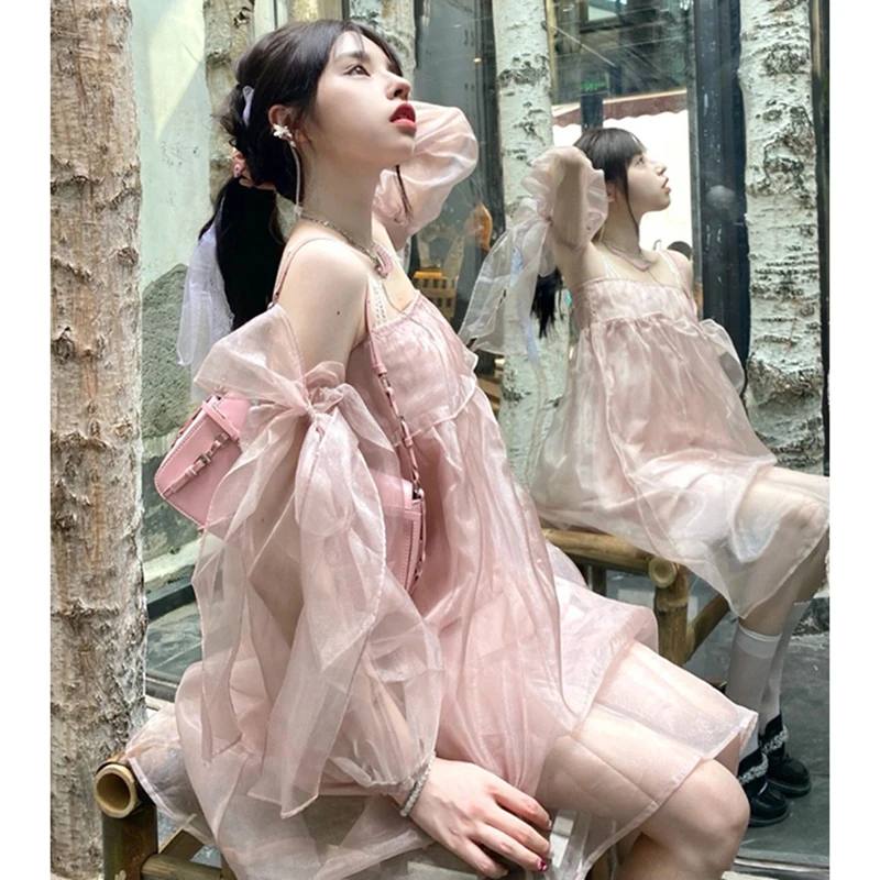 

Women's Dress Pink Lolita kawaii Sweet Fairy Elegant Vintage y2k Girls Japanese Off Shoulder Casual Party Mini Dress Summer New