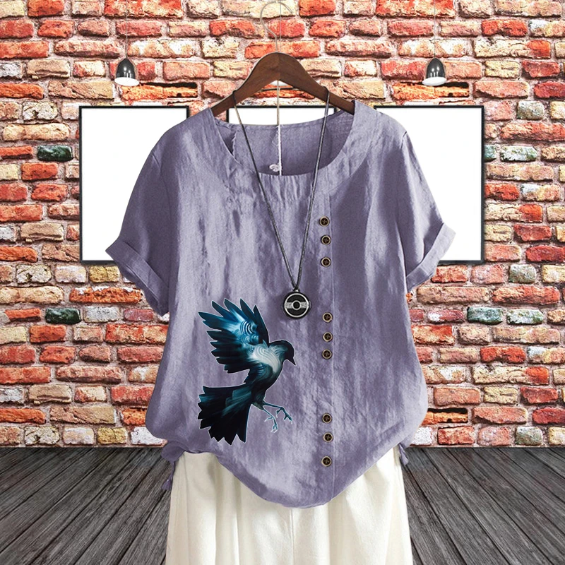 

O Neck Short Sleeve Women's Clothing Vivid Bird Pattern Pullover T Shirt Round Neck Summer Top Loose Linen Pullover for Lady