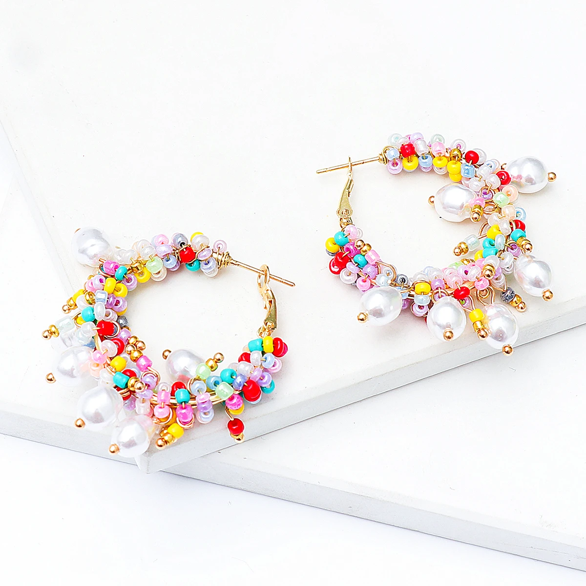 

JURAN New Bohemia Colorful Beads Pearls Charms Exaggerated Big Circle Hoop Earrings for Women Girls Fashion Jewelry Party Gift