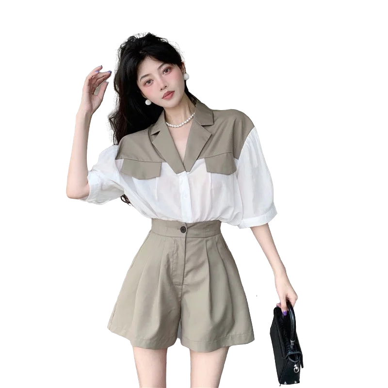 

Women's Casual Suit Set 2023 Summer New Fashion Stitching Top Shorts Two-piece Korean Elegant Professional Wear Female Clothing