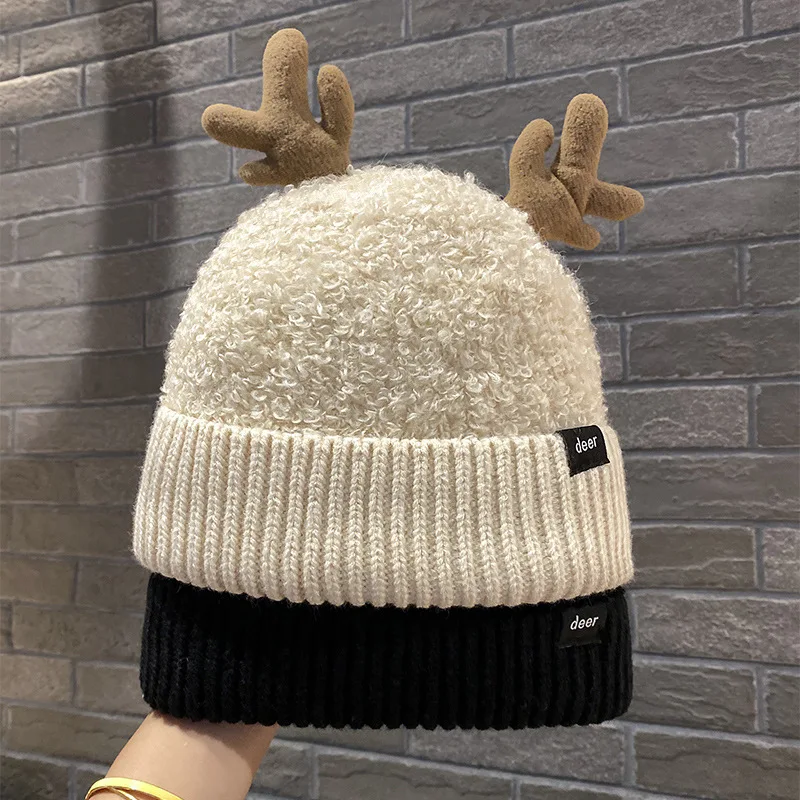 

Winter Beanie Hat Cute Deer Horn Caps Korean Style Bonnets Hats for Women Lamb Velvet Knitted Beanies Hat Girls Christmas Beanie