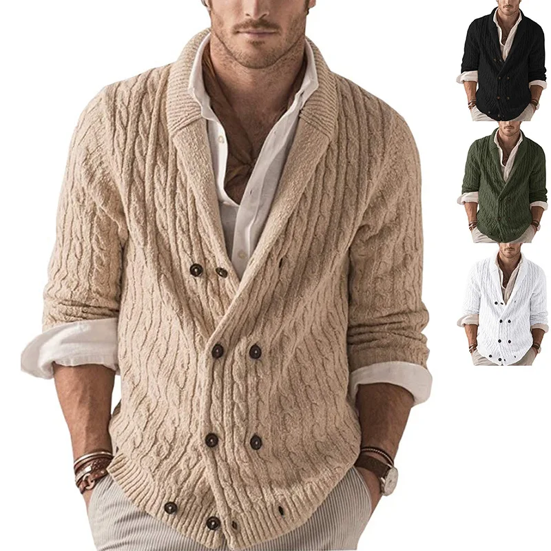 European And American Knitted Cardigan Men 2022 Autumn Winter Solid Collar Long Sleeve Sweater Coat Erkek Kazak HC006