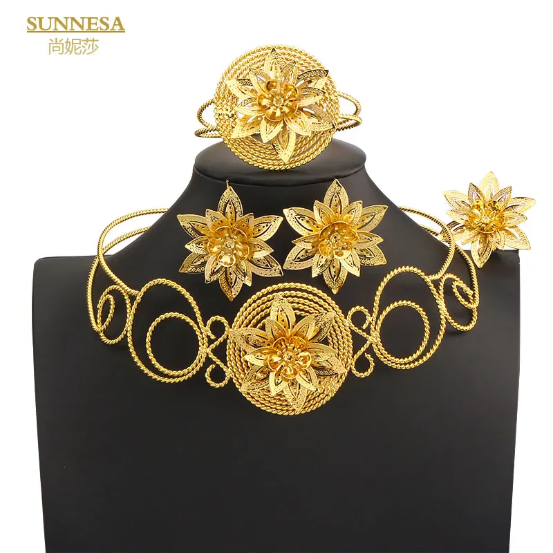 

SUNNICE Gold Color Fine Flowers Dubai Jewelry Sets African Wedding Gifts For Women Big Necklace Earrings Bracelet Ring Set