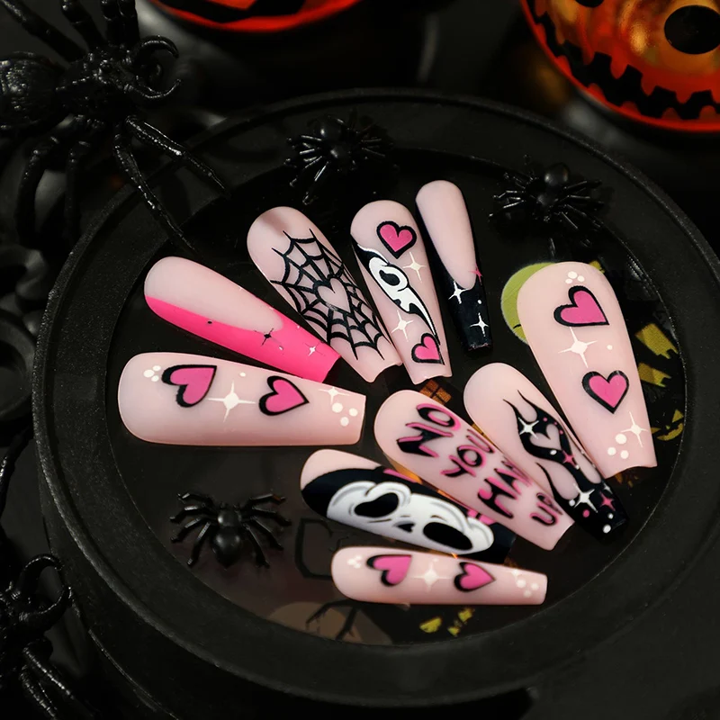 

24Pcs/Set Black Pink Halloween Spider Web Ghost Love Heart Flame Wearable Long Ballet False Nails Decor Finished Press on Nails