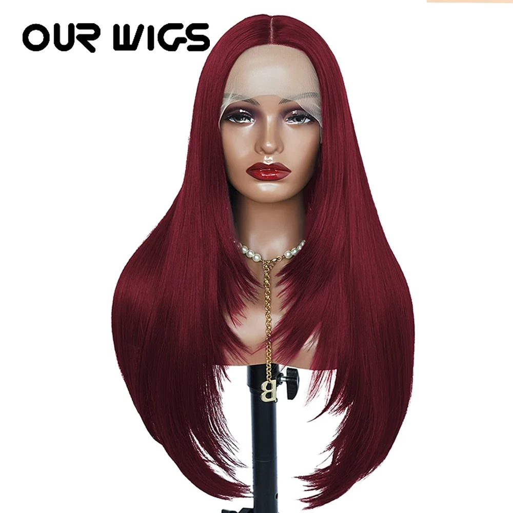 

99J Burgundy Layered Lace Wigs Natural Hairline Heat Resistant Fiber Wig Straight Synthetic Layer Cut Lace Wigs With Baby Hair