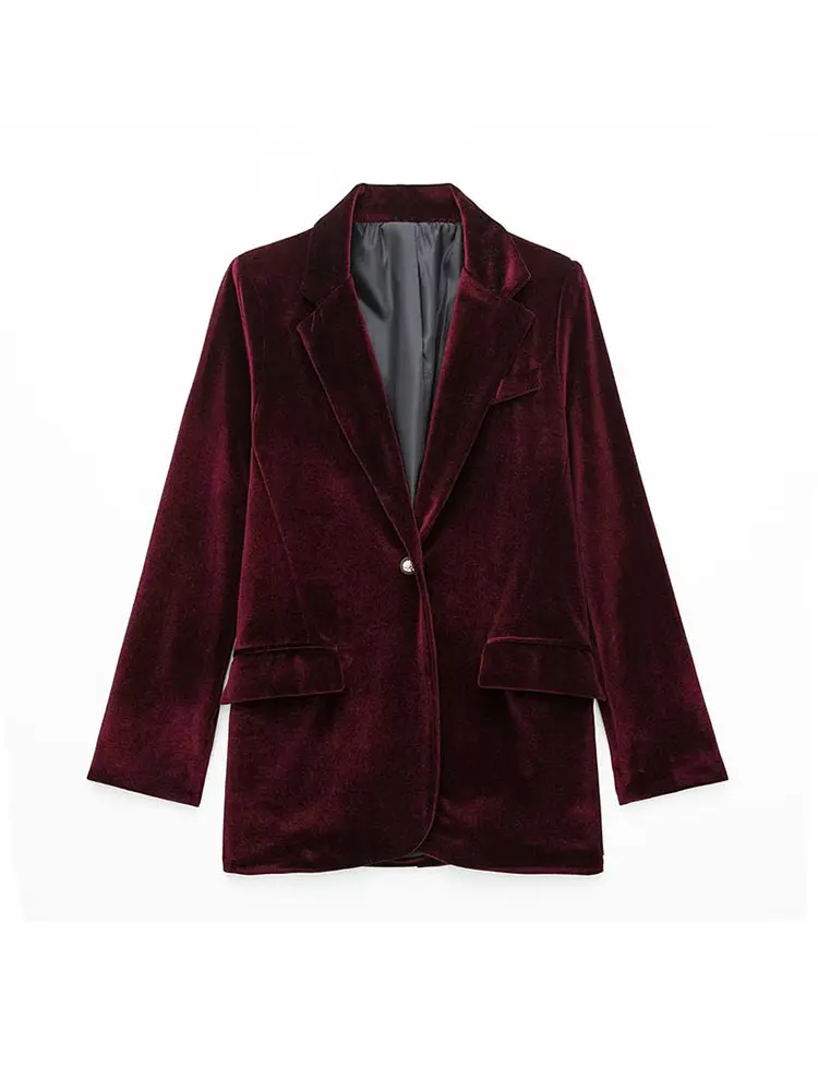 

Suninheart Vintage Velvet Blazer Jackets Women Loose Single Button Long Sleeve Pockets Coats Autumn Winter Female Outerwear