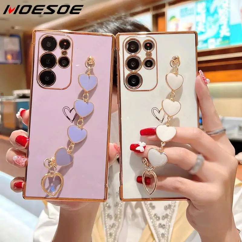 

For Samsung A52 A52s 5G A53 5G Plating Love Heart Bracelet Silicone Case Wrist Chain Phone Cover For Samsung S22 Ultra S21 S20FE