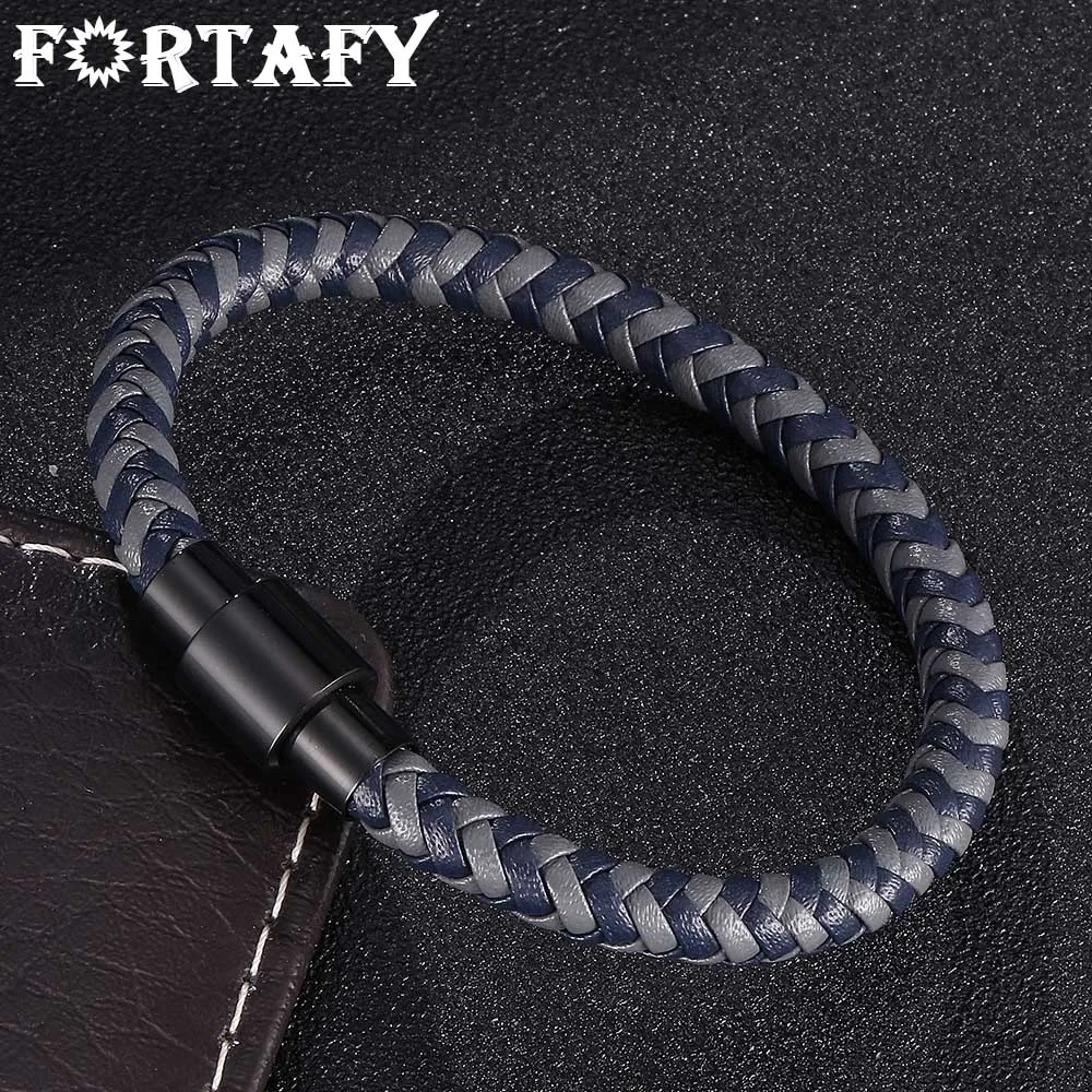 

FORTAFY Unisex Jewelry Gray Blue Braided Leather Bracelet Men Women Stainless Steel Magnetic Clasp Male Female Bangles FR0453