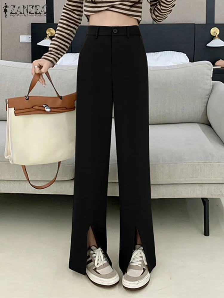 

Women Solid High Waist Pants Loose Suits Trousers ZANZEA Fashion OL Split Casual Solid Lady Holiday Pantalons Palazzo Oversized