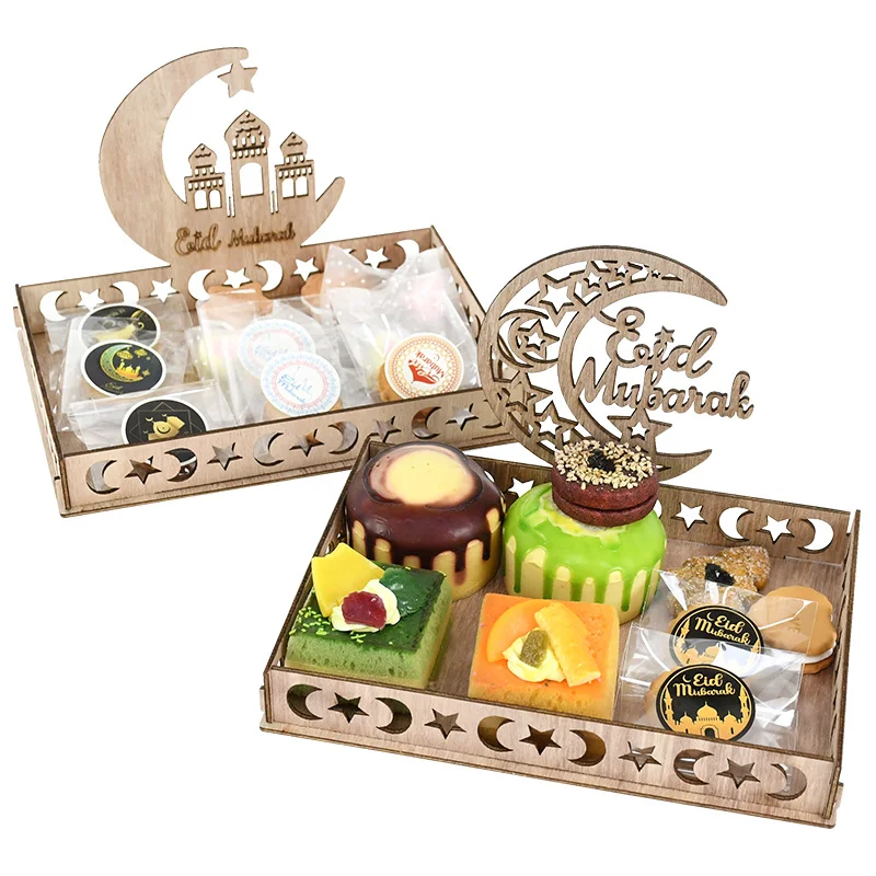 

Wooden Eid Mubarak Food Tray Dessert Fruit Tray Ramadan Decoration for Home Ramadan Kareem Islamic Muslim Party Decor Eid Gifts