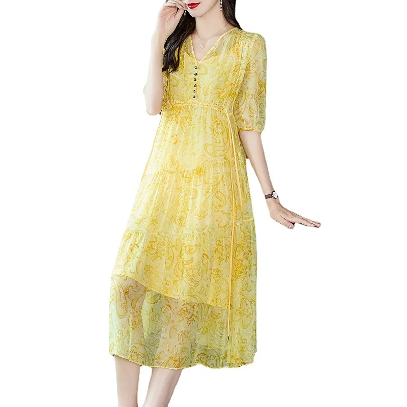 Natural Silk Dress Summer Spring Clothing Two-piece Suit Large V-neck Pendulum Type 48790