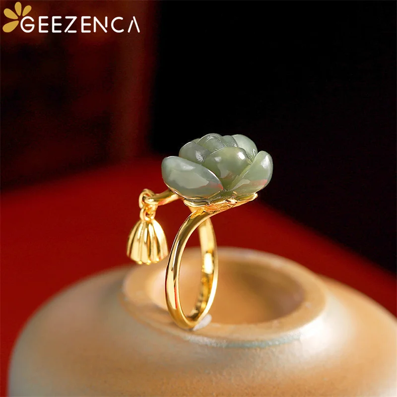 

GEEZENCA 925 Sterling Silver Gold Plated Green Jasper Lotus Tassel Open Rings For Women Vintage Luxury Flower Adjustable Ring