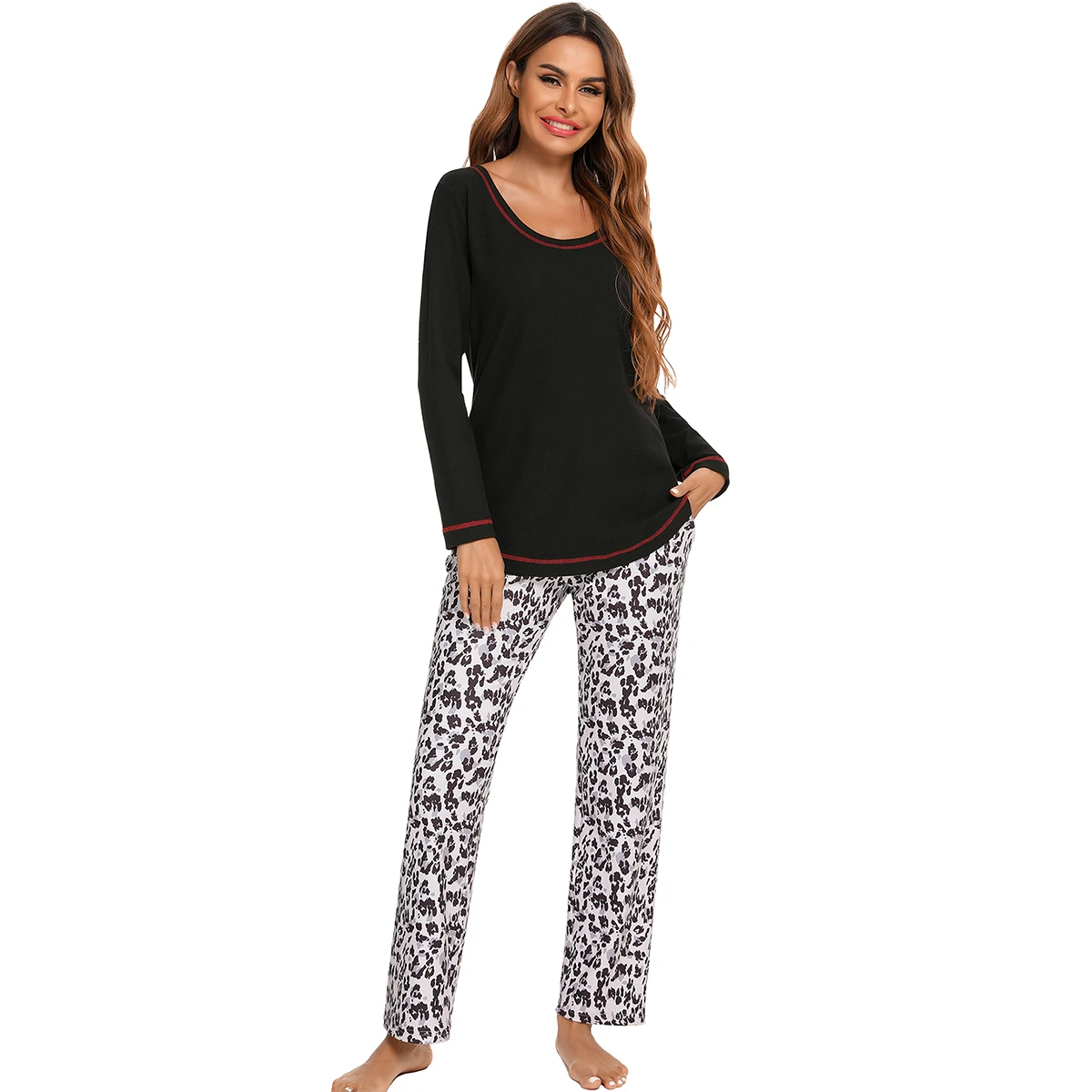 autumn and winter Leopard Warm Casual Sleepwear Cotton Long Sets Loungewear two-piece set Red Christmas suit