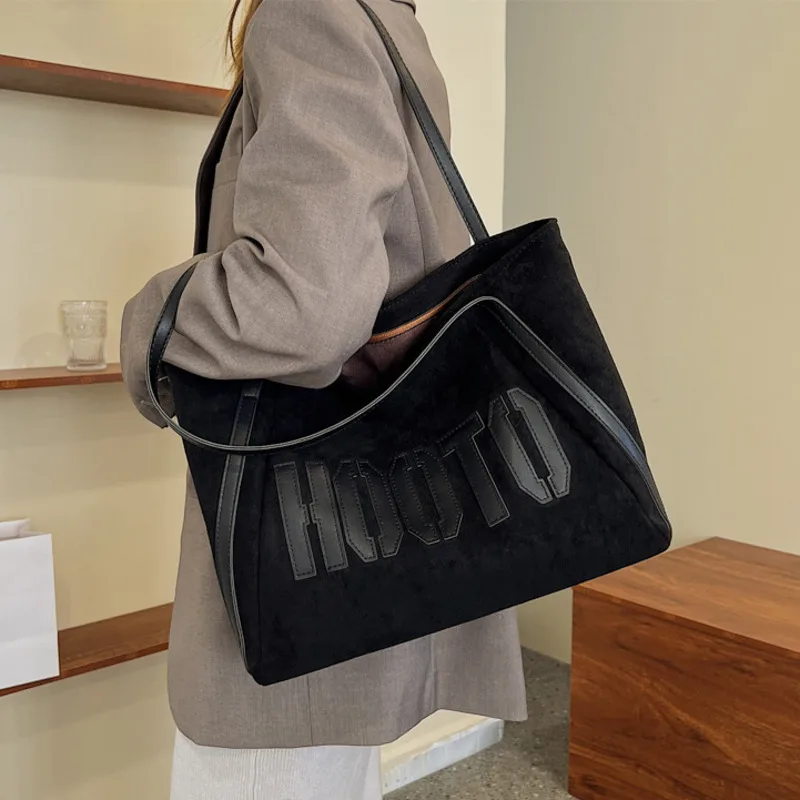 

Faux Suede Tote Crossbody Shoulder Bags Women's Large Capacity Letter Shopping Black Tote Bag Korean Style 2022 New Bag
