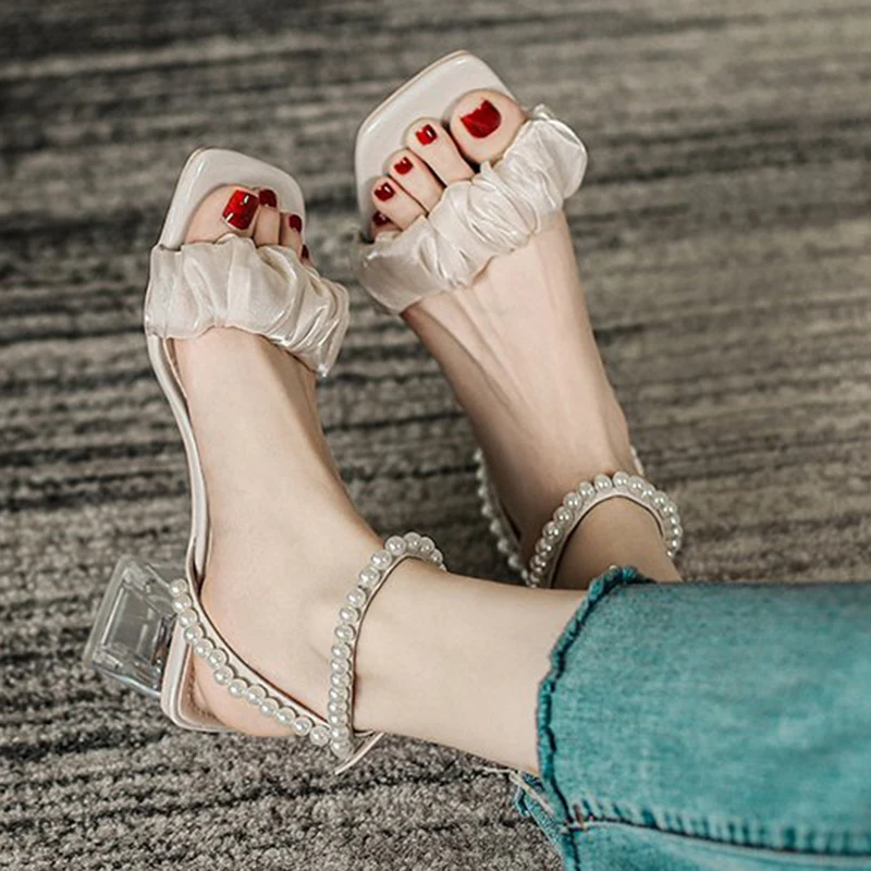 

Lucyever Pearls Strap Thick Heels Sandals Women Silk Square Toe Gladiator Sandalias Woman Clear Heel Summer Shoes Plus Size 43