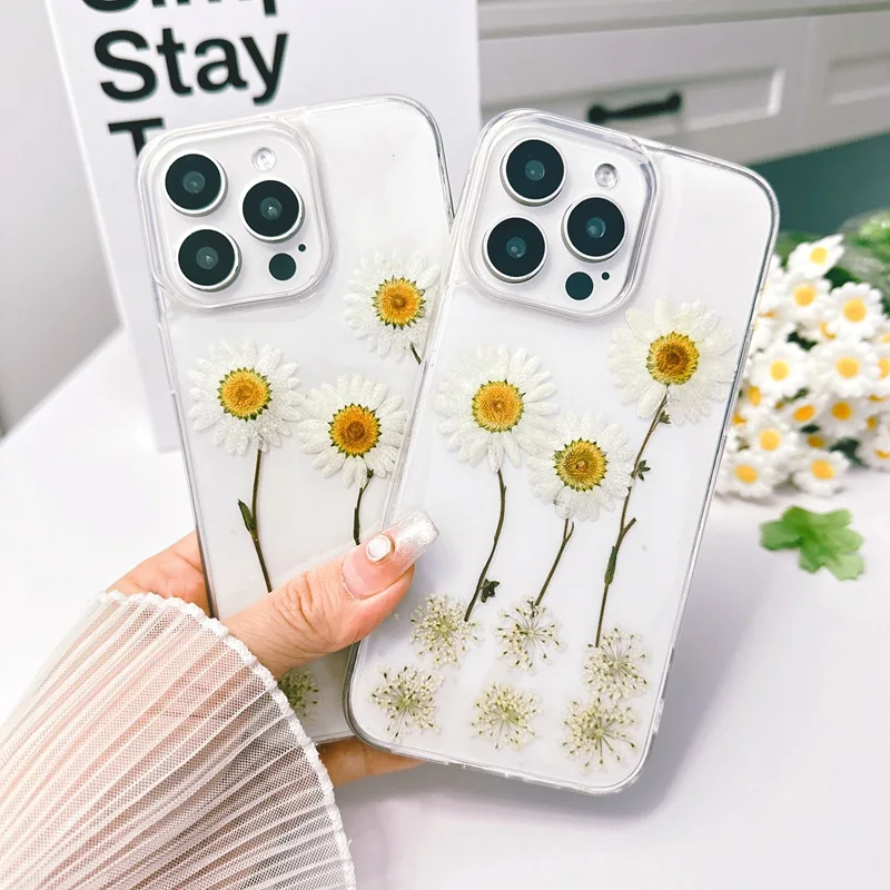Чехол для телефона с настоящими сушеными цветами iPhone 16 Pro Max 15 14 13 11 12 Plus X XS XR 7 8