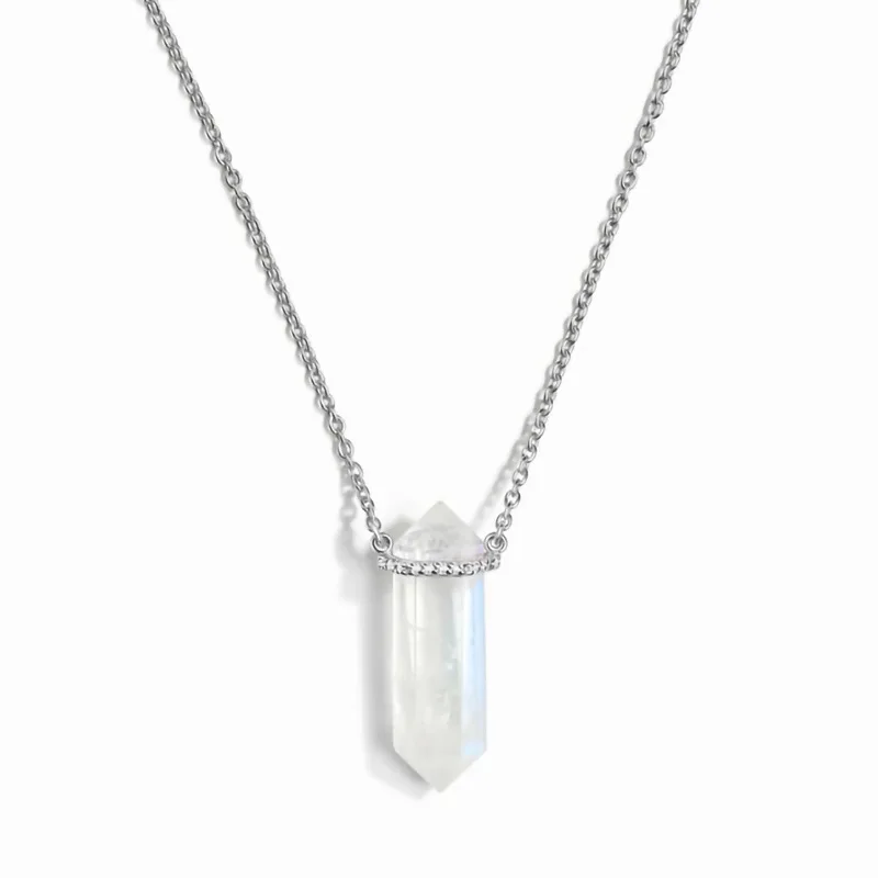 

selling S925 sterling silver hexagonal crystal moonstone pendant necklace female niche Joker exquisite jewelry