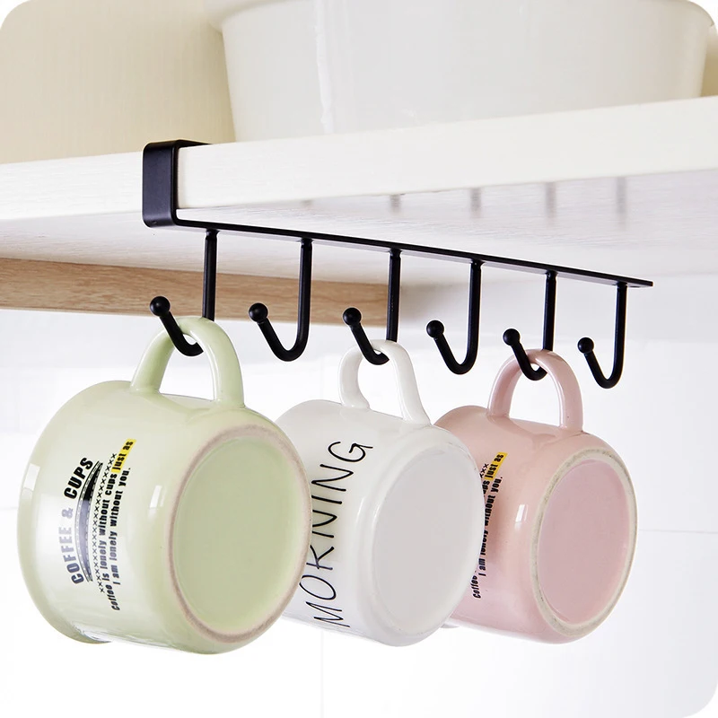 

Kitchen Organizer Rack Holder Iron 6 Hooks Storage Shelf Wardrobe Cabinet Metal Under Shelves Mug Cup Hanger Bathroom Shelf