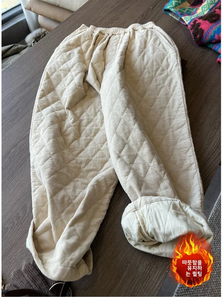 Plus Size Artistic Solid Corduroy Rhombus Quilted Warm Pants Plus size women clothing Elastic Waist Casual Slim Wide Le...