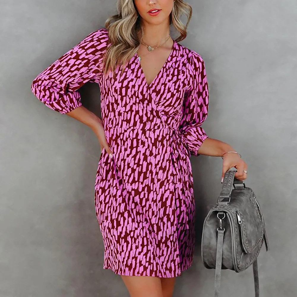 

Spring/Summer Women's 2023 New Fashion Printed V-neck Lace Up Slim Short Dress Casual Streetwear Y2K