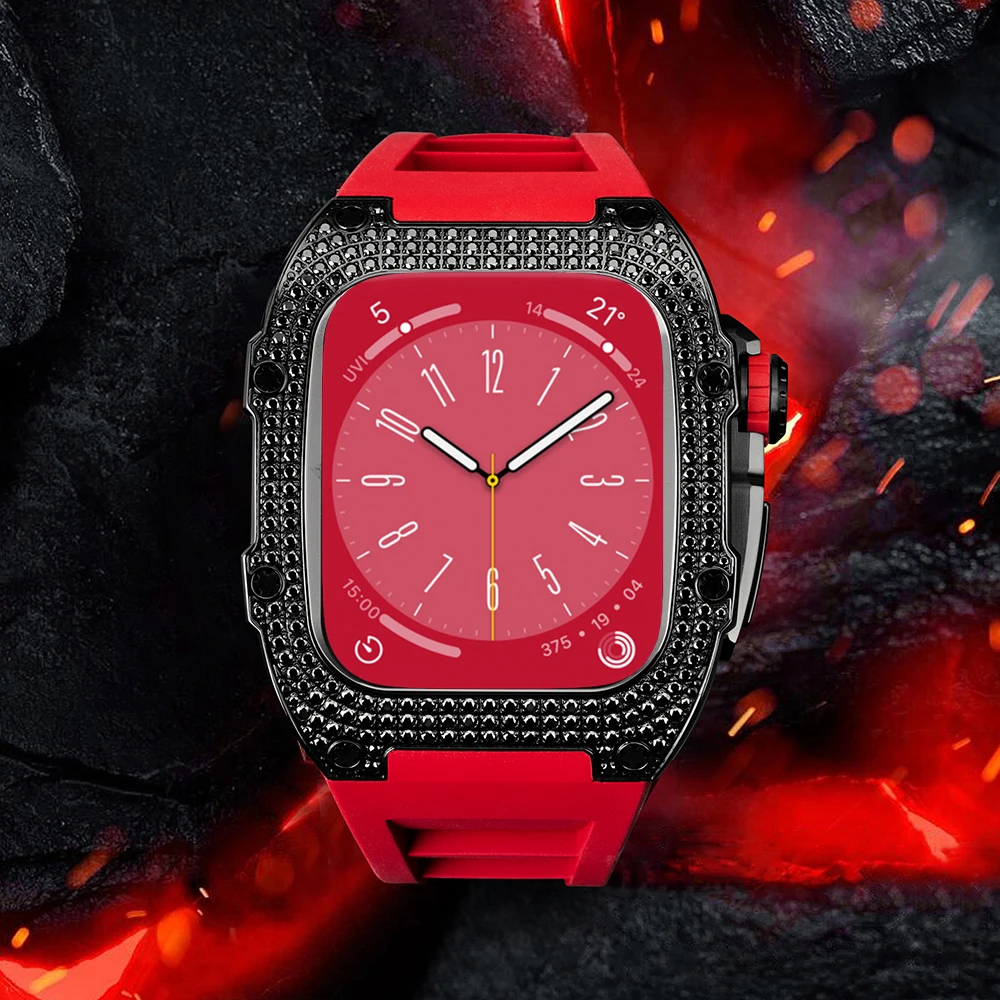 Stainless Steel Case For Apple Watch 8 7 45mm Silicone Strap Luxury Diamond Set Bezel Modification Kit for iWatch 6 5 4 SE 44mm