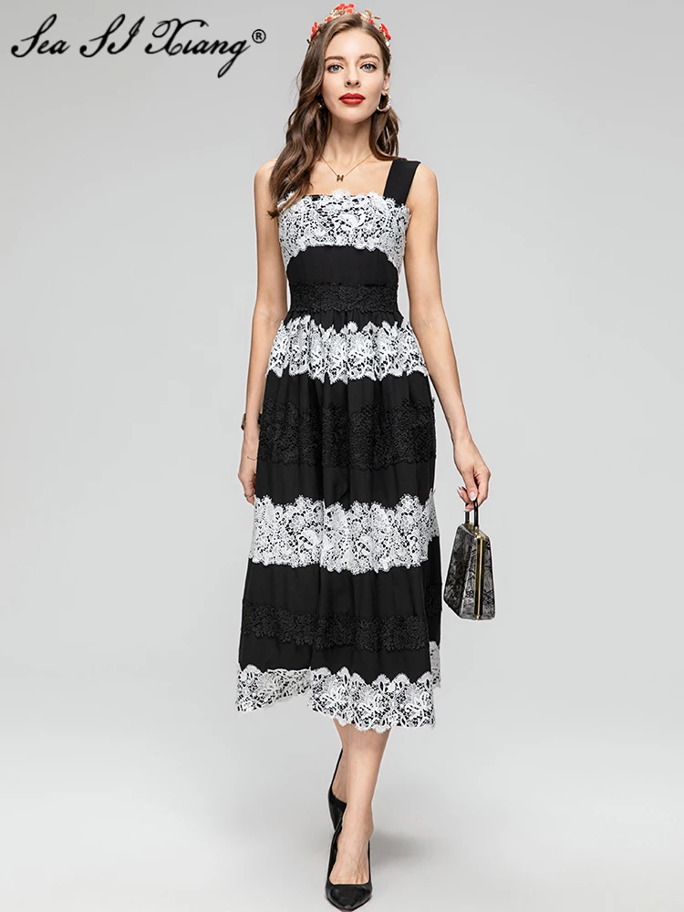

Seasixiang Fashion Designer Summer Dress Women Spaghetti Strap Sleeveless Lace Patchwork Vintage Backless Long Dresses