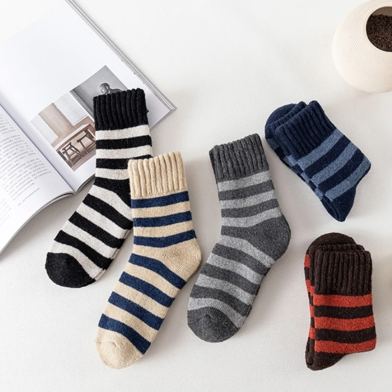 5 Pairs Men Thick Thermal Warm Crew Socks Faux Wool Knit Striped Pattern Hosiery