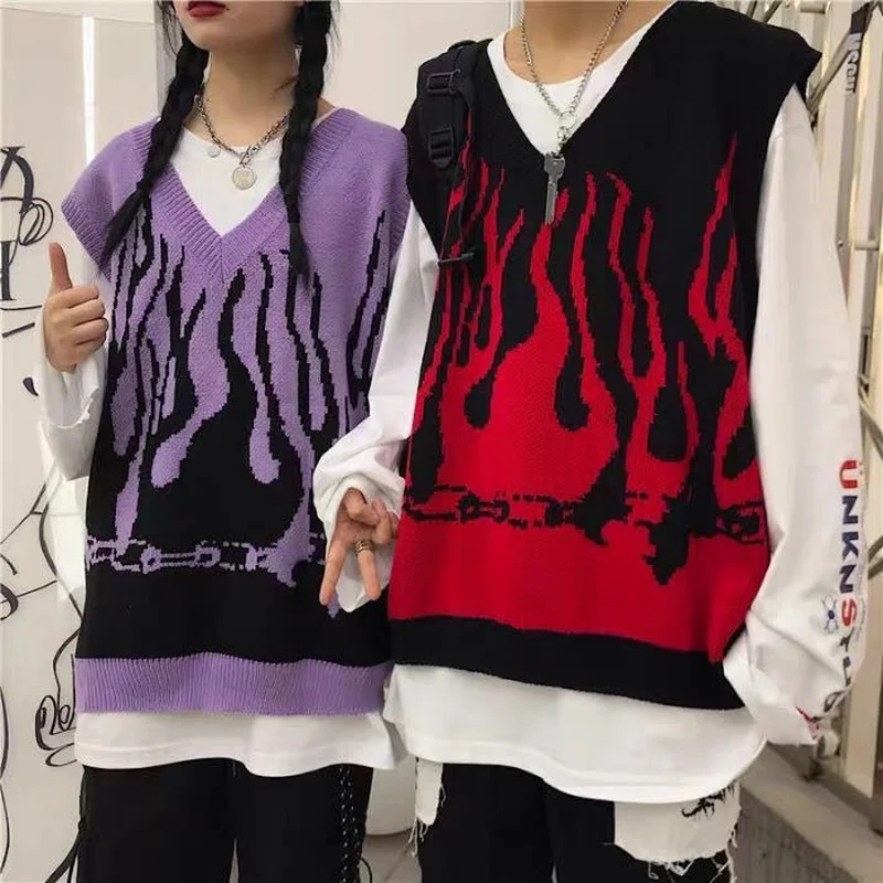 

QNPQYX New Gothic Streetwear Flame Print Oversize Sweater Vest Women Harajuku Hip Hop Knitted Sleeveless V-Neck Female Tops 2021
