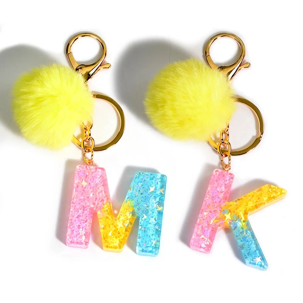 Color Gradient Initial Keychain With Yellow Pom Pom Ball Women Girls Sweet Bag Purse Charm A-Z 26 Letters Pendant With Key Ring