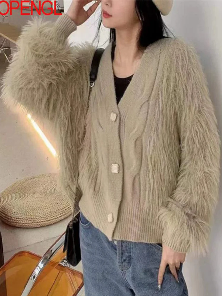 

Women's Vintage Autumn And Winter Imitation Mink Hair Coat Knitted Cardigan Loose Solid Color Long Sleeves Streetwear V-neck Top