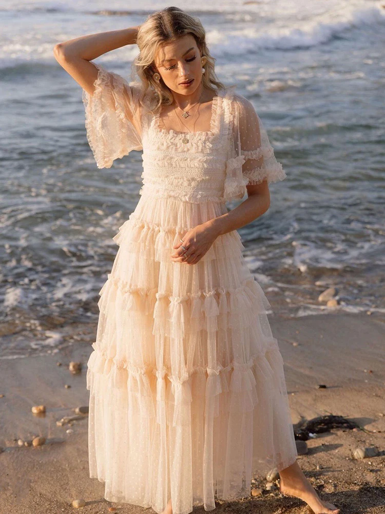 

Delocah High Quality Summer Women Fashion Runway Long Dress Flare Sleeve High Waist Dot Cascading Shirring Ruffle Mesh Dresses