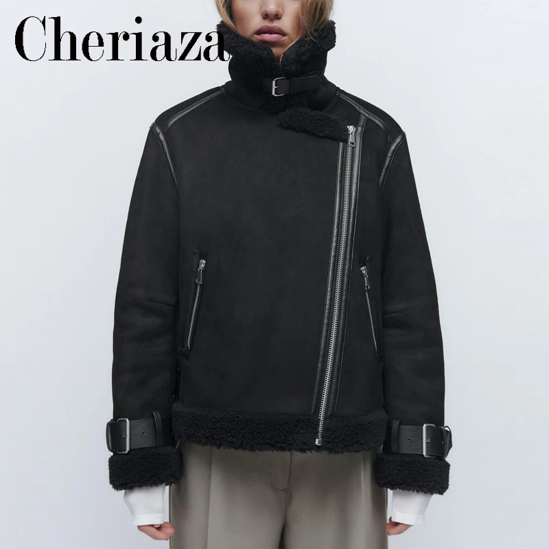 

Cheriaza Autumn Winter Woman Black Faux Suede Warm Jacket Patchwork Lambswool Casual Zipper Jackets Motorcycle Outerwear Pocket