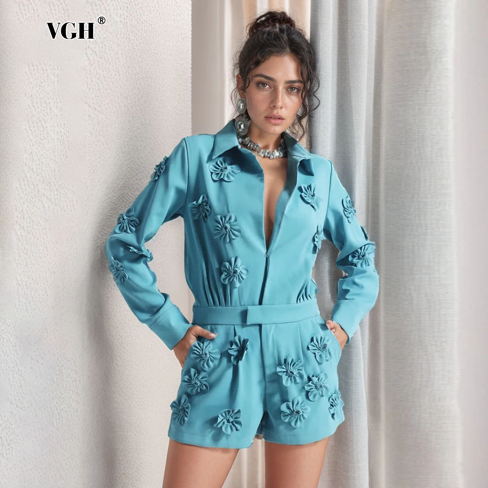 Женский комбинезон с длинным рукавом и v-образным вырезом аппликациями широкими